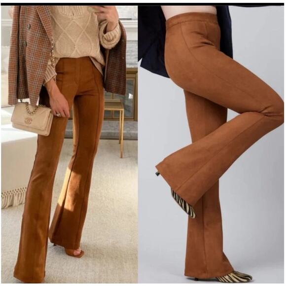 SPANX Pants - NEW Spanx Faux Suede Flare Pants Rich Caramel Brown Slimming Pull On Size Medium